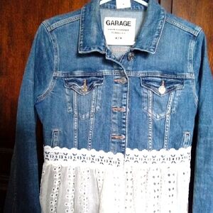 Garage Women's Long Denim Jacket with Eyelet Lace Detail Size M